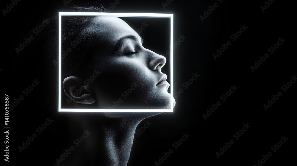 head in profile illuminated only by a faint rectangular glow, head in profile illuminated only by a faint rectangular glow,