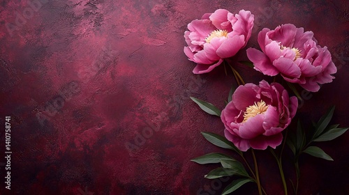 Fototapeta Naklejka Na Ścianę i Meble -  three luxurious pink peonies against a rich burgundy background. Generative AI