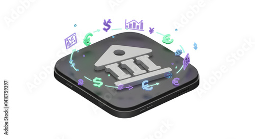 Isometric bank icon on platform with currency symbols and arrows circulating around it on black background
