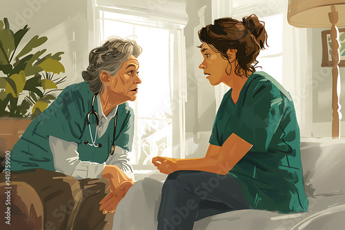 A nurse wearing green scrubs is sitting with an elderly woman in the living room, talking to her and smiling at each other while holding hands. The focus of attention should be on their faces.
