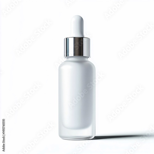 Frosted white glass bottle with dropper and silver cap on a white background. Generative AI