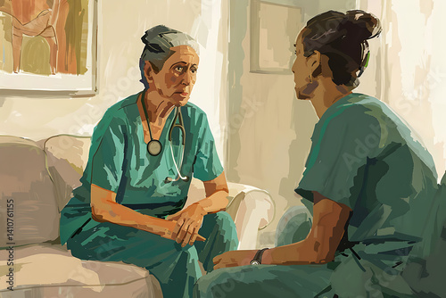 A nurse wearing green scrubs is sitting with an elderly woman in the living room, talking to her and smiling at each other while holding hands. The focus of attention should be on their faces.