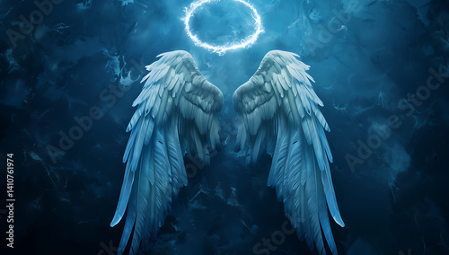 A pair of angelic wings with a halo above them, glowing in the dark background.