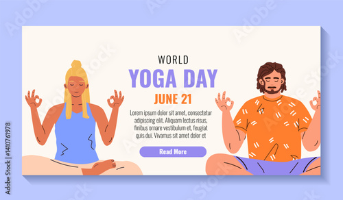 International Yoga Day. 21 June yoga day banner, poster and social media design vector illustration. Concept illustration for healthy lifestyle, yoga, meditation, relax, recreation.