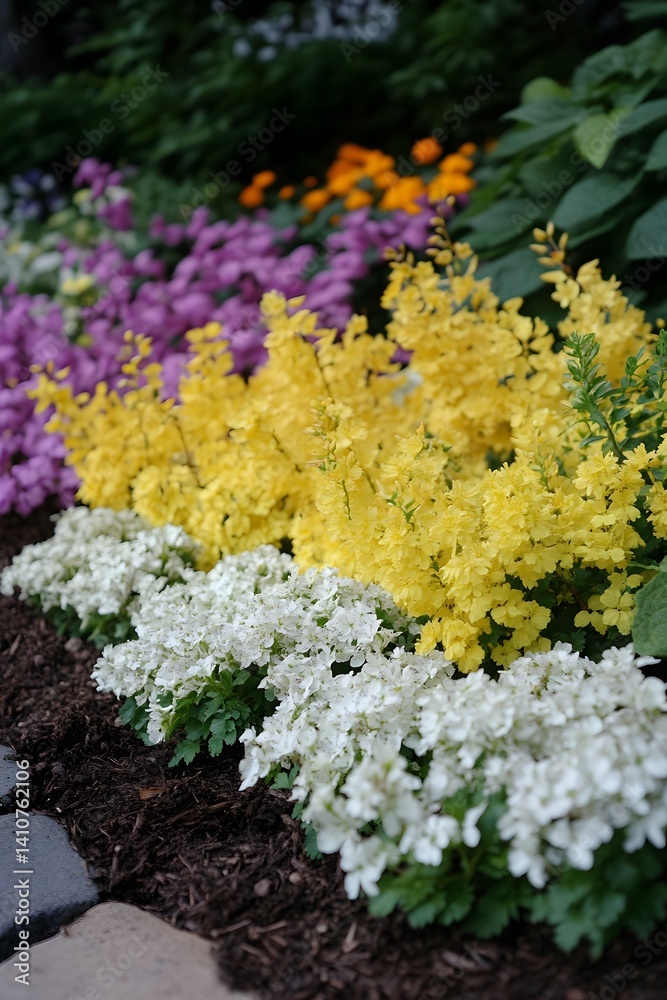 Obraz premium Vibrant Spring Flower Garden Bed Yellow Purple White Blooms