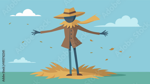 Straw hat askew and rags fluttering in the wind the scarecrow was a stoic figure of the farmers failure to adapt to changing times.. Vector illustration