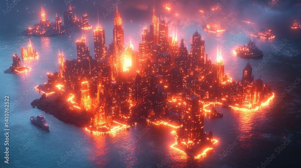 Fototapeta premium Burning city on islands, glowing red