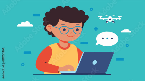 A child adjusts the coding on a laptop programming their drone to perform complex aerial maneuvers.. Vector illustration