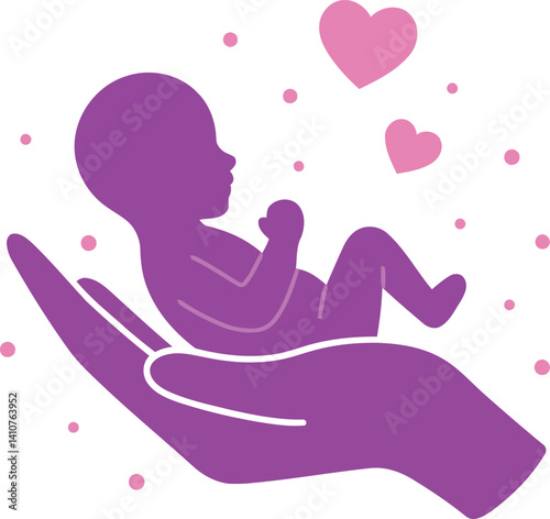 Premature Baby Care Vector Hand Holding Newborn Silhouette with Hearts and Love Symbols