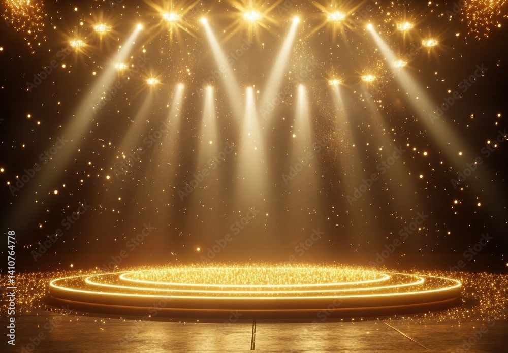 Golden Stage Illuminated Platform with Spotlights and Glittering Particle Effects, Stage , Lighting