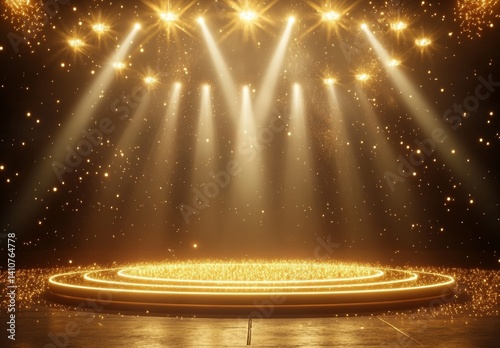 Obraz na płótnie Golden Stage Illuminated Platform with Spotlights and Glittering Particle Effects, Stage , Lighting w salonie