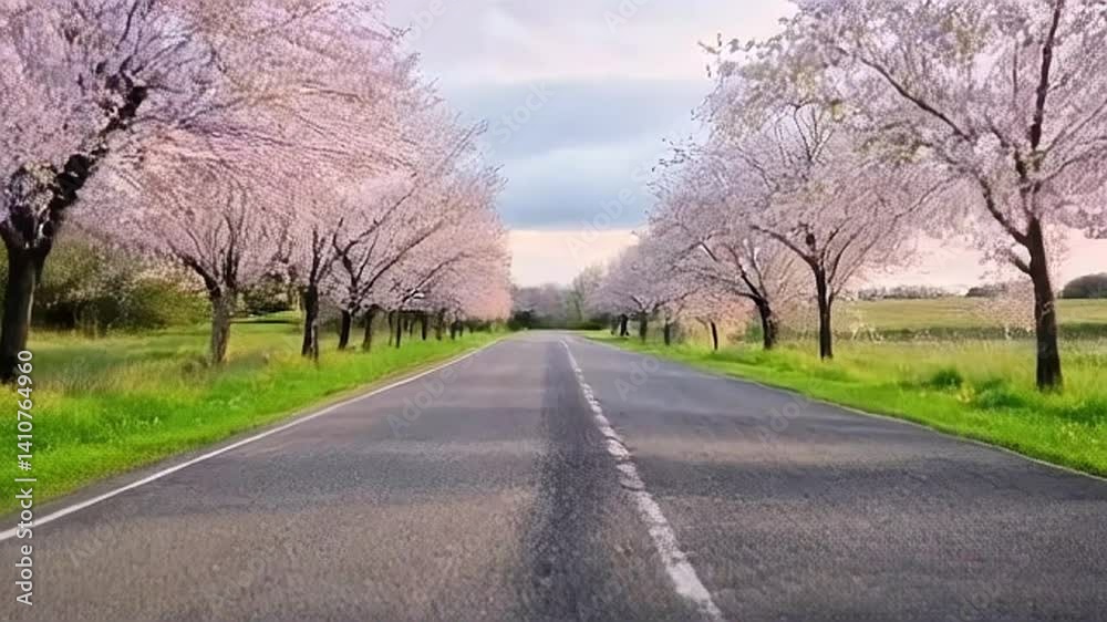 Driving Asphalt Road Through Blossoming Trees Landscape Driving Asphalt Road Through Blossoming Trees Landscape