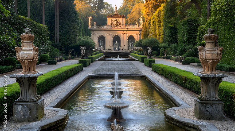 Formal Italian Garden With Fountains And Statues