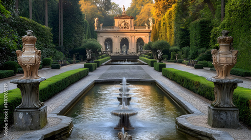 Obraz na płótnie Formal Italian Garden With Fountains And Statues w salonie
