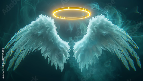 A pair of angel wings with halo above them, glowing and shining in the dark background. The concept symbolizes hope or divine protection, without any text or letters on it