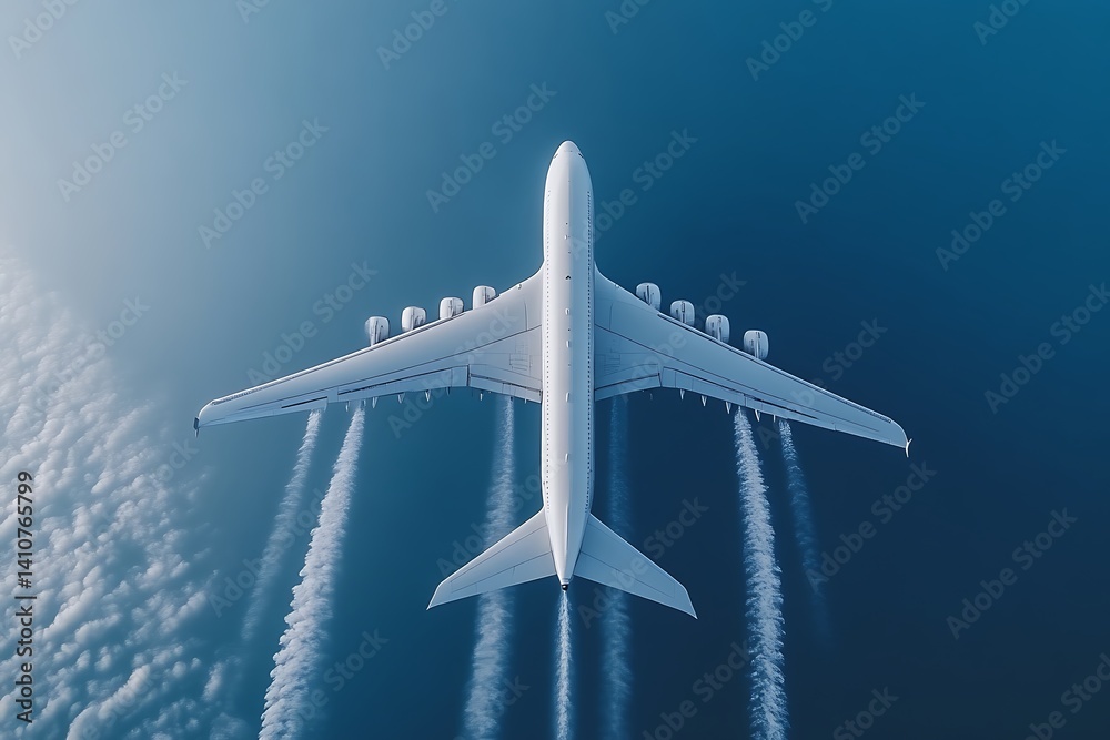 Large Passenger Airplane Flying Above Clouds Leaving Vapor Trails Behind Large Passenger Airplane Flying Above Clouds Leaving Vapor Trails Behind