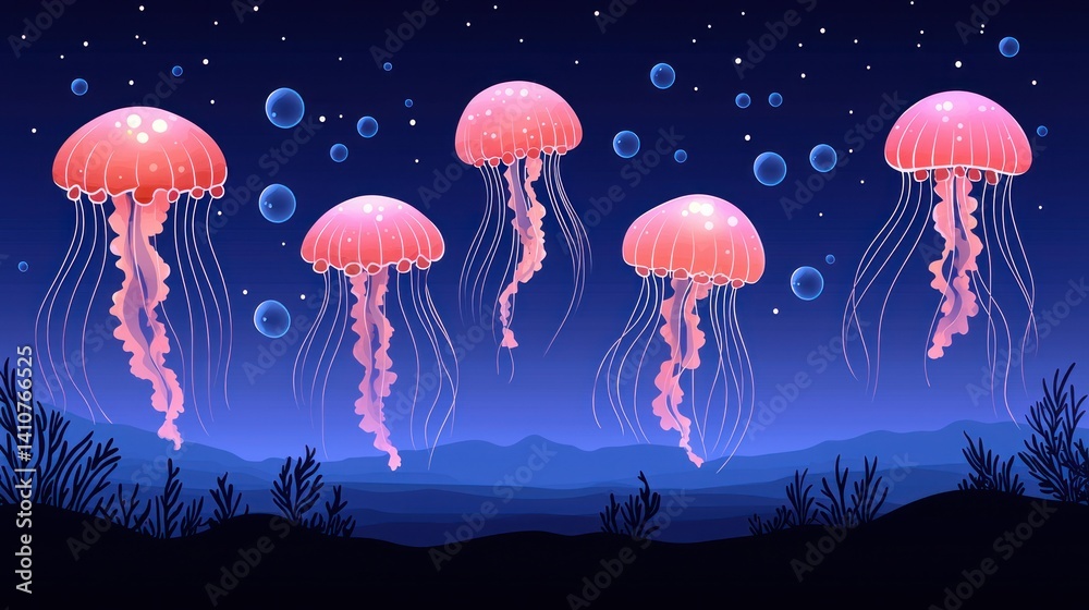 Jellyfish float underwater, illuminated against a starry, deep blue background Jellyfish float underwater, illuminated against a starry, deep blue background