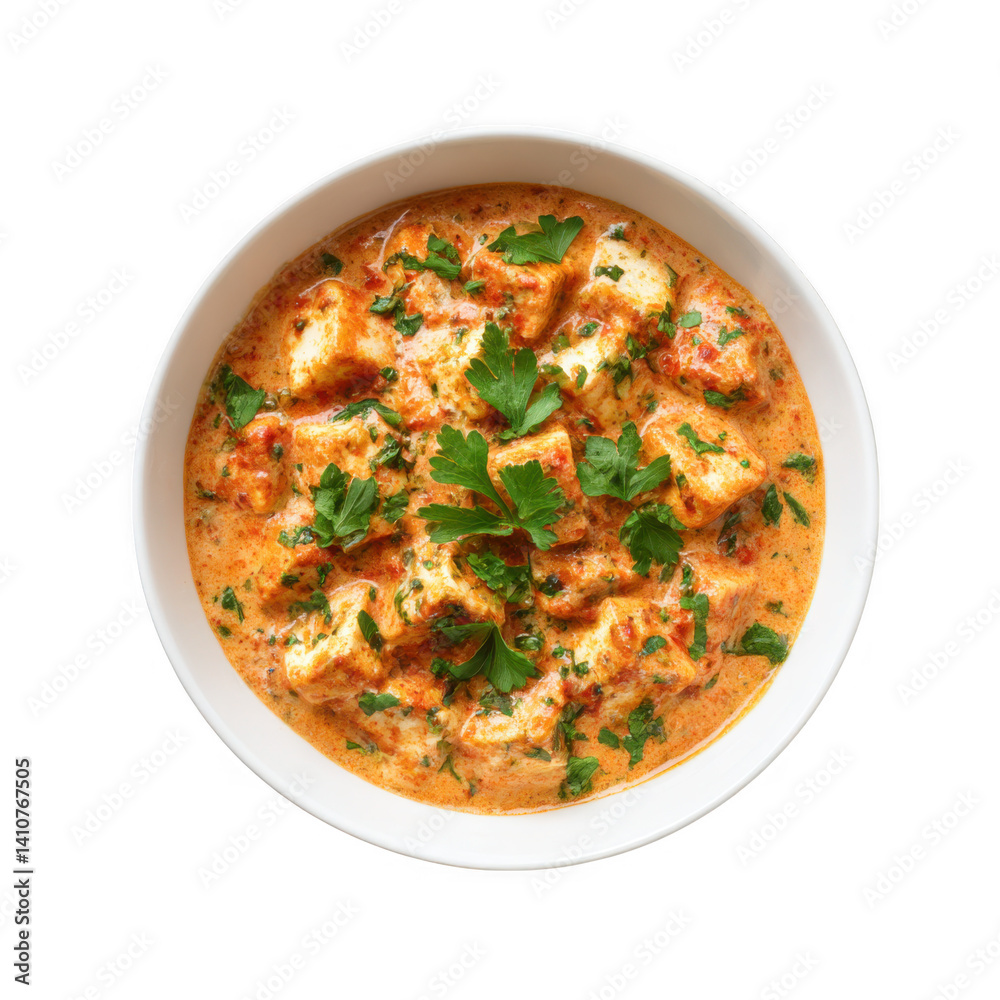 Close up of paneer butter masala in a white bowl with fresh herbs isolated on transparent background Close up of paneer butter masala in a white bowl with fresh herbs isolated on transparent background
