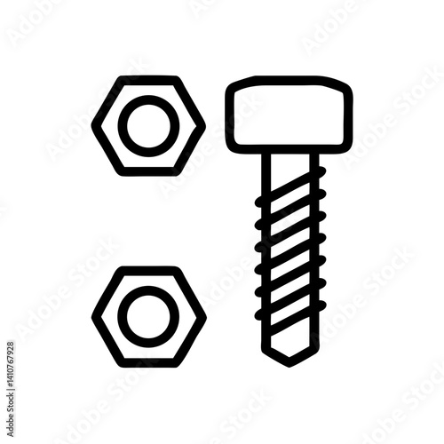 Screw bolt and two nuts icon for mechanical repair visuals, toolkits, engineering designs, or hardware supplies branding