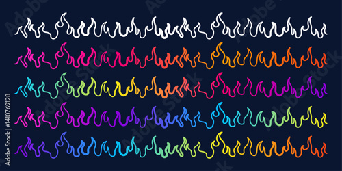 Seamless Set of Vibrant Neon Flame Borders in Rainbow Gradient Colors on Dark Background Abstract Decorative Fire Line Elements