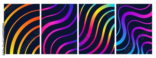 Colorful gradient waves dark background, neon curved lines with bright transitions. Vector patterns for modern designs and digital art, posters, cards