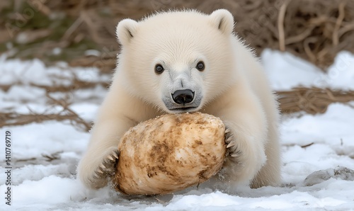 Polar Bear Cub Holding Food in Snowy Habitat Portrait photo