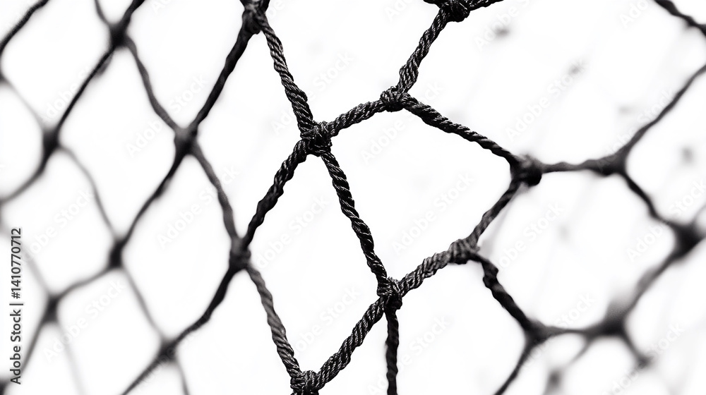 Fototapeta premium Intricate black netting detail against a bright white background showcasing the texture and pattern of tightly woven knots in a close up shot with sharp focus and shallow depth of field