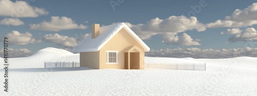 A snug wooden house draped in snow beneath a clear blue sky, offering a serene winter landscape perfect for holiday thoughts.