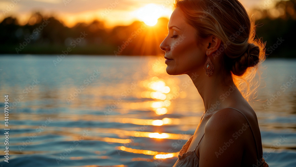 Fototapeta premium Golden sunset serenity woman embraces tranquil waters