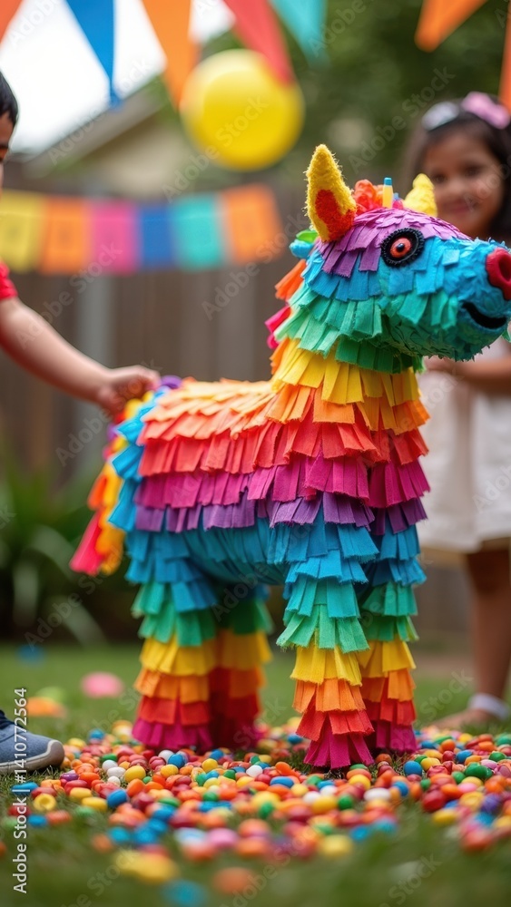 A vibrant close-up of a child hitting a multi-colored Pinata at a lively outdoor celebration, candy spilling onto the ground, excitement visible on faces.