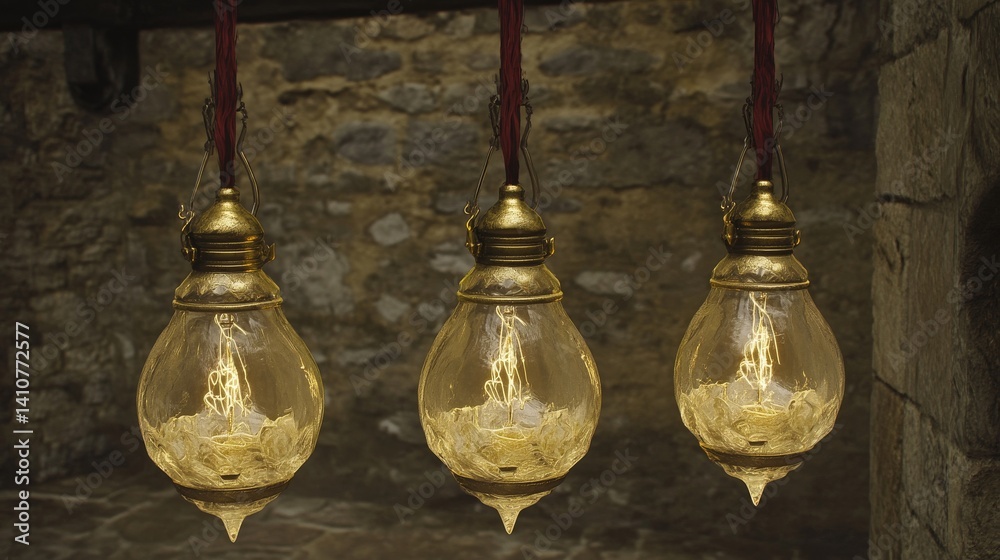 Obraz premium The cozy atmosphere is enhanced by elegant vintage light bulbs casting a gentle light on a dark wall, bestowing charm and warmth on any space.