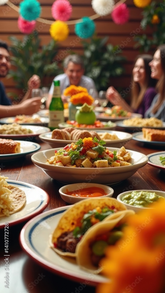 Colorful table filled with delicious tacos, tamales, and guacamole, surrounded by cheerful decor as friends enjoy a festive meal together.