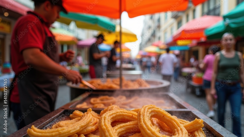 A street vendor prepares fresh churros, with golden dough sizzling in hot oil. Colorful umbrellas add vibrancy to the lively market atmosphere.