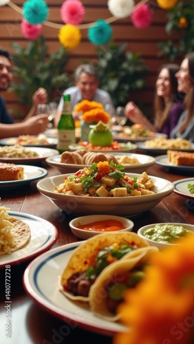 Obraz na płótnie Colorful table filled with delicious tacos, tamales, and guacamole, surrounded by cheerful decor as friends enjoy a festive meal together. w salonie