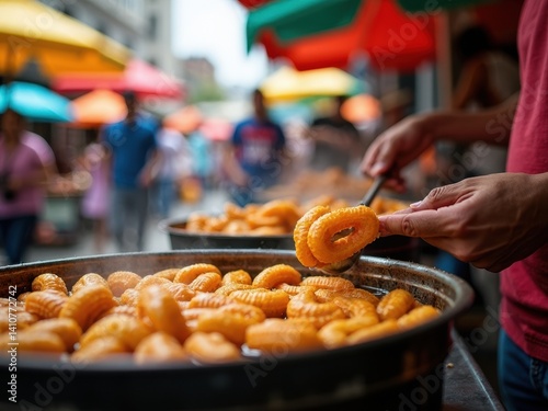 A street vendor cooks fresh churros, golden and sizzling in hot oil, while customers enjoy the vibrant atmosphere of a bustling market filled with color.