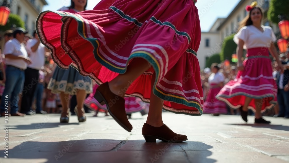 Feet of a dancer adorned in huaraches showcase vibrant movement while performing a folkloric dance, surrounded by a lively crowd in colorful attire.