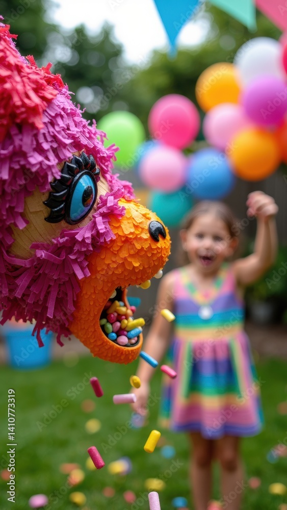 A child joyfully strikes a bright Pinata , sending colorful candy flying through the air, highlighting an energetic and festive outdoor backyard party atmosphere.