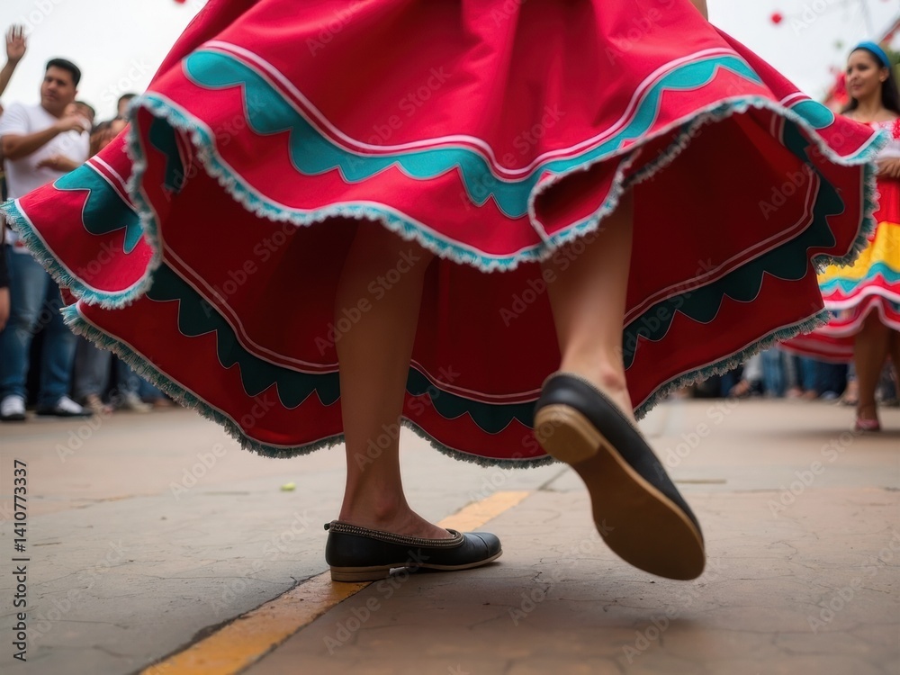 Close up of a dancer feet in traditional huaraches, showcasing motion and energy during a colorful folkloric dance. The vibrant skirt adds to the festive atmosphere.
