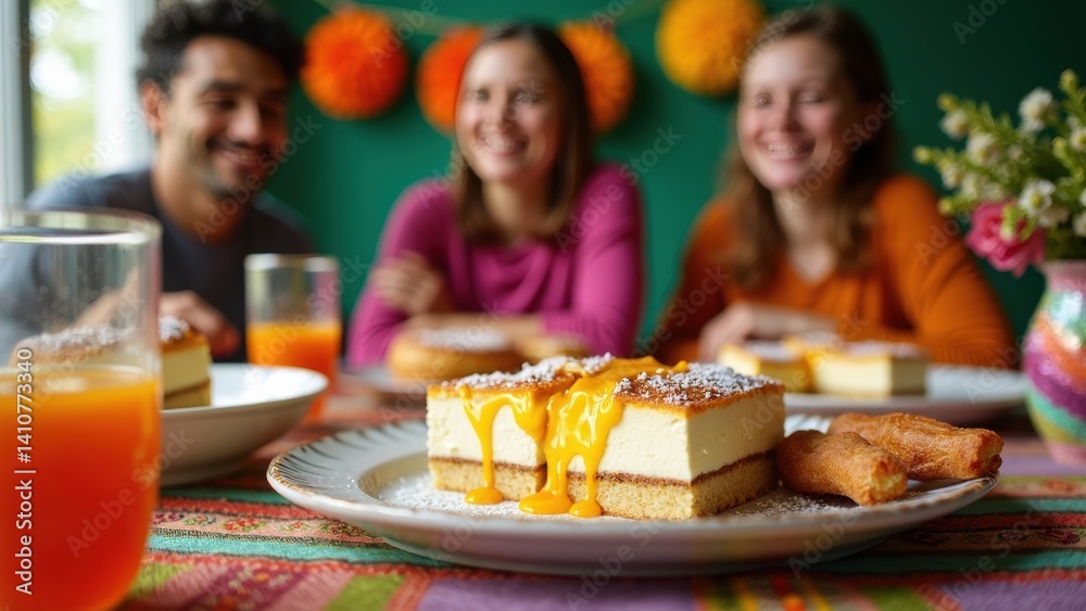 Friends celebrating with colorful traditional Mexican desserts on a vibrant table, featuring tres leches cake, churros, and fresh orange juice with joyful smiles.