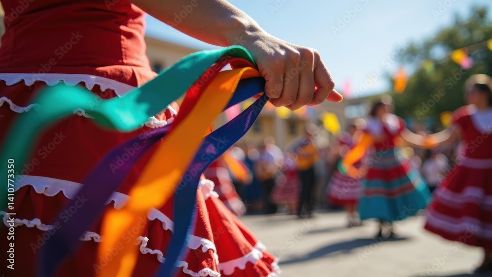 A dancer gracefully holds vibrant ribbons in her hands, captivating the audience during a traditional Mexican folk dance performance in a festive outdoor setting.