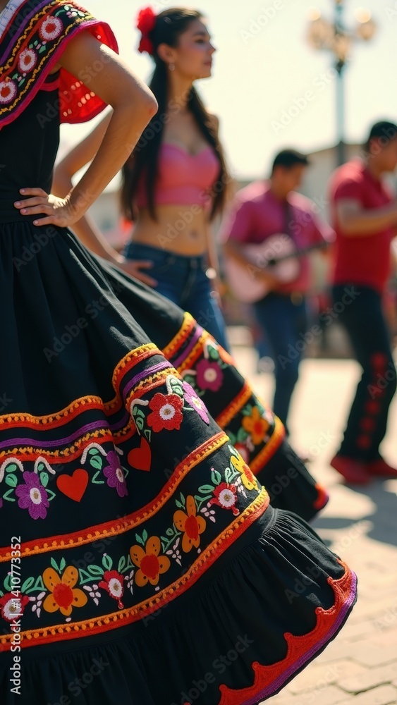 A dancer wears a colorful traditional Mexican dress as she twirls joyfully, the bright embroidery catching sunlight, celebrating culture and tradition.