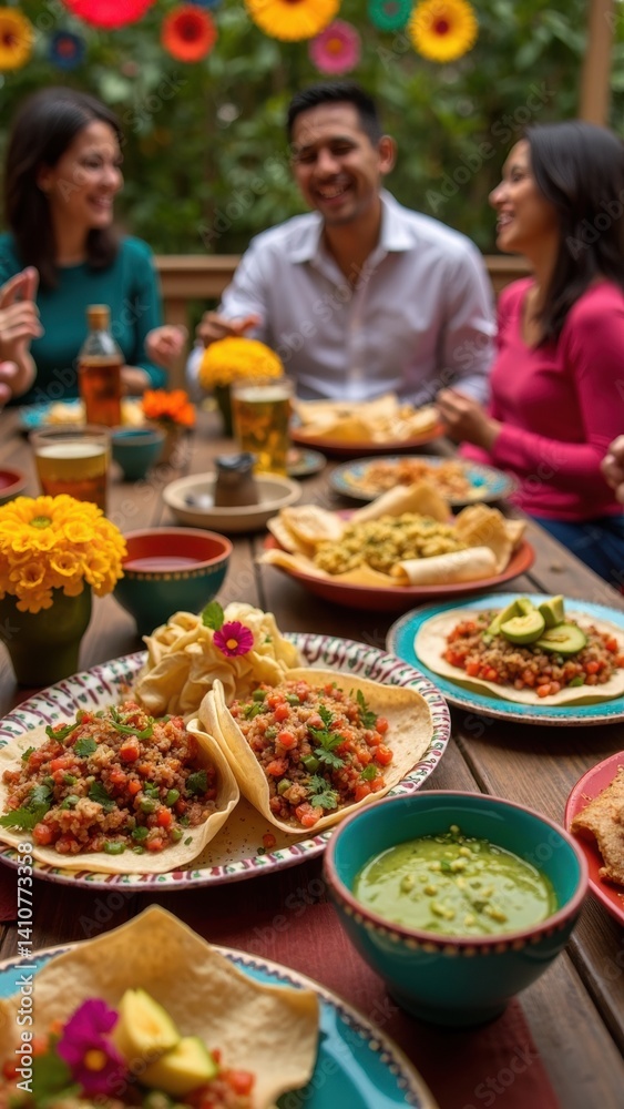 Friends gather around a table filled with a colorful spread of traditional Mexican cuisine, sharing laughter and joy while enjoying tacos, tamales, and guacamole.