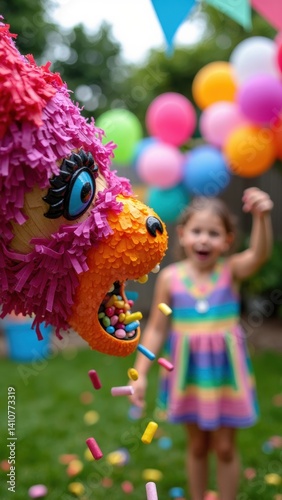 Obraz na płótnie A child joyfully strikes a bright Pinata , sending colorful candy flying through the air, highlighting an energetic and festive outdoor backyard party atmosphere. w salonie