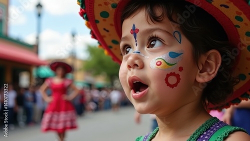 A child with colorful face paint watches street performances with wide eyes, surrounded by festive outdoor decorations and lively crowds at a cultural festival.