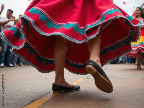 Obraz na płótnie Close up of a dancer feet in traditional huaraches, showcasing motion and energy during a colorful folkloric dance. The vibrant skirt adds to the festive atmosphere. w salonie