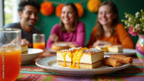 Obraz na płótnie Friends celebrating with colorful traditional Mexican desserts on a vibrant table, featuring tres leches cake, churros, and fresh orange juice with joyful smiles. w salonie