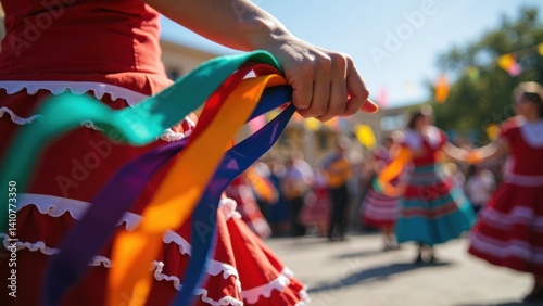 Obraz na płótnie A dancer gracefully holds vibrant ribbons in her hands, captivating the audience during a traditional Mexican folk dance performance in a festive outdoor setting. w salonie