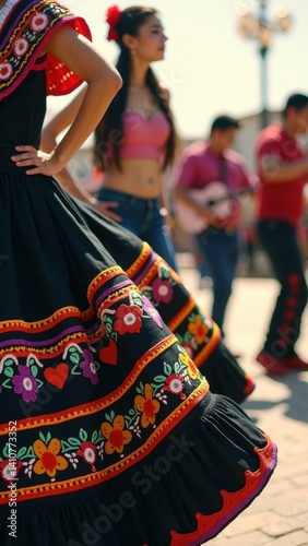 Obraz na płótnie A dancer wears a colorful traditional Mexican dress as she twirls joyfully, the bright embroidery catching sunlight, celebrating culture and tradition. w salonie