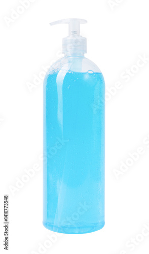 Blue antibacterial soap with bubbles, in a transparent plastic container with a dispenser, for washing hands from dirt and protecting against germs, hygiene concept