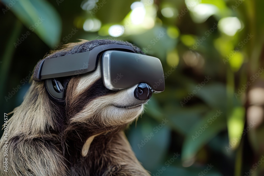 Obraz premium Sloth wearing virtual reality headset in a tropical environment during daylight hours
